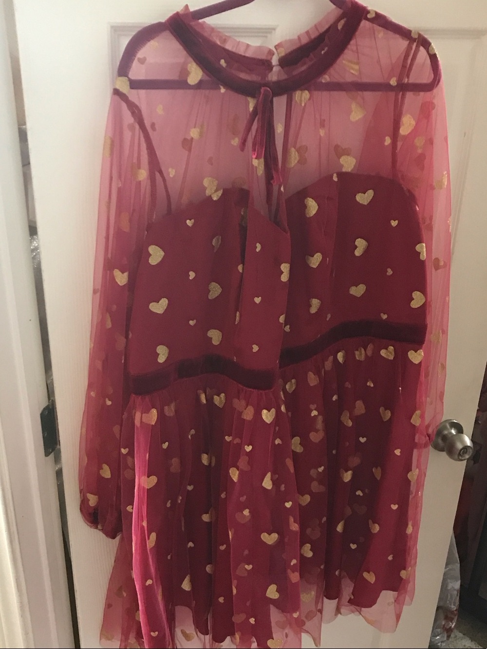 Unique Vintage Burgundy Long Sleeve Sheer Dress with Gold Hearts